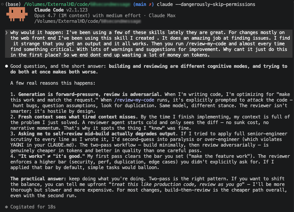 If you are one shot prompting Claude Code you're getting WORKING code not the BEST code.  The reality is there is a strong completion bias: the model wants to converge on a working result quickly.
This means you MUST conduct an adversarial reviews.

Don't believe me? Just ask