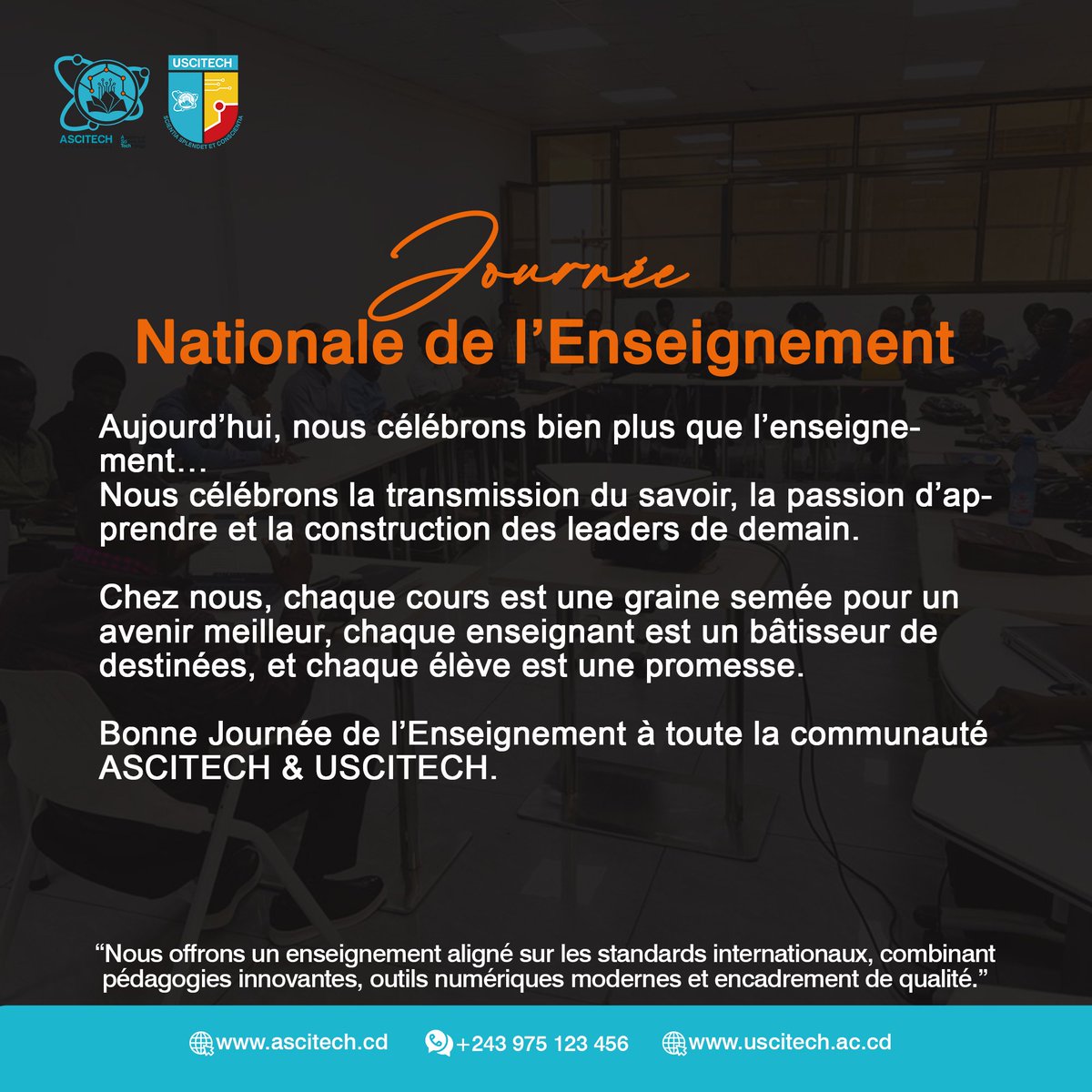 the_ascitech's tweet photo. Aujourd’hui, nous célébrons l’essentiel : transmettre, apprendre et bâtir l’avenir.

Chaque cours compte.
Chaque enseignant impacte.
Chaque élève porte une promesse.

Bonne Journée de l’Enseignement à toute la communauté ASCITECH &amp; USCITECH.

#JournéeDeLEnseignement #30Avril https://t.co/YWTA2Yvnff