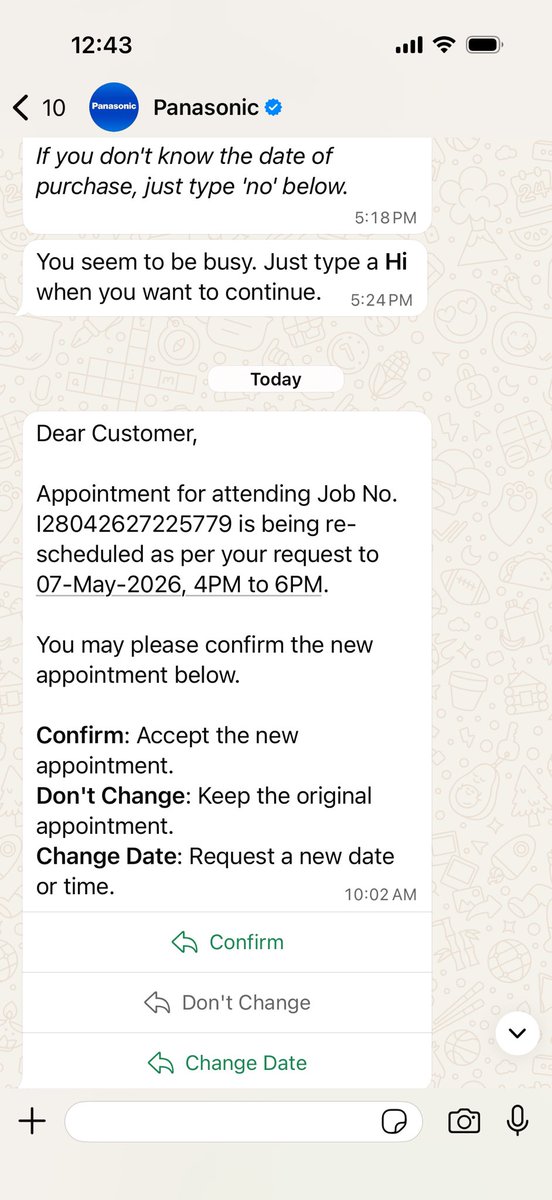 RaviDagarX's tweet photo. Worst service experience with @PanasonicIndia. AC delivered 2 days ago, technician no-show for yesterday's slot. Now I get a fake WhatsApp saying I requested a reschedule to May 7th? Job No: I28042627225779. Please resolve this immediately. @jagograhakjago #ConsumerComplaint https://t.co/B4G4DqFRuD