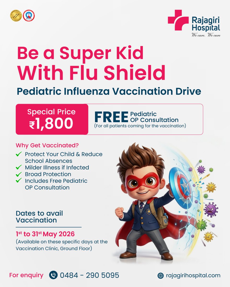 Rajagiri_Hosptl's tweet image. Flu protection made easy with Rajagiri’s Pediatric Vaccination Drive.
💉 ₹1,800 | FREE OP consultation
📅 May 1–31

Less illness. Fewer absences. Stronger protection.

📞 0484 290 5095
#FluShield #RajagiriHospital #ChildCare