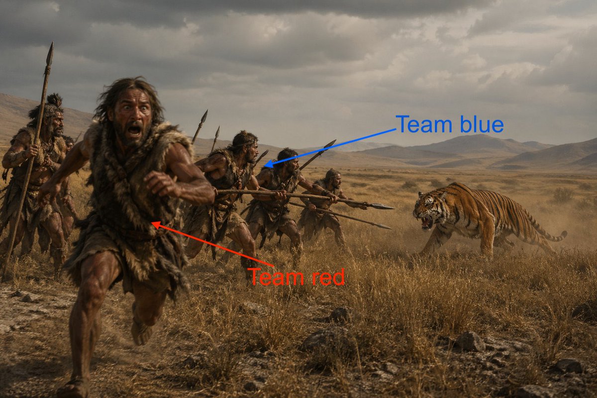 TwitfizzP's tweet photo. @esjesjesj Point of this is to test your immediate instinct.

🔴- I live, everyone else will be killed.

🔵- Everyone can be saved, but I am at risk of being killed too.

Makes sense most of our ancestors were in blue camp, or human civilization wouldn’t exist. https://t.co/9r5jLUoggt