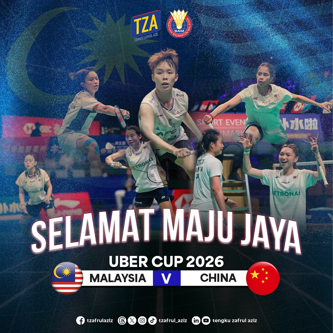 tzafrul_aziz's tweet image. Malaysia vs China.
Suku akhir Uber Cup.

Lawan juara bertahan. 16 kali juara.

Cabaran besar.
Tapi bukan mustahil. 🇲🇾🔥

#TZA #BAM #BadmintonMalaysia #GemilangkanLagi #DemiMalaysia #Tangkis2030 #UberCup #ThomasUberCupFinals #Horsens2026