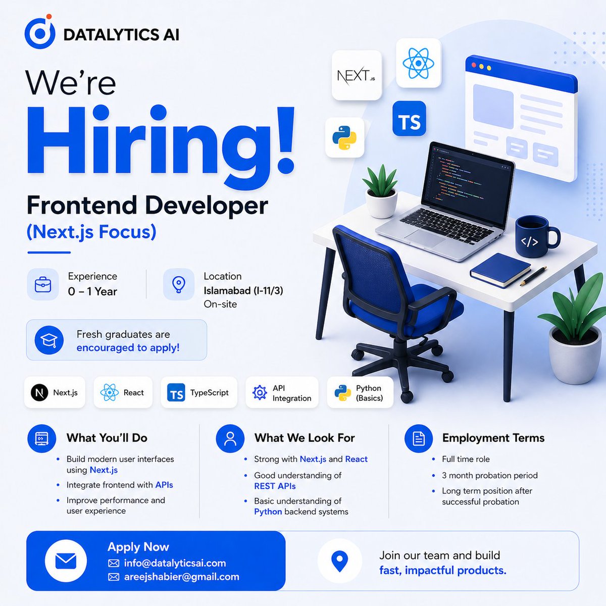 DatalyticsAi's tweet image. Hiring Frontend Developer (Next.js/React)
Location: Islamabad (I-11/3) | 0–1 yr exp
Great opportunity for fresh grads! Build fast, modern UIs &amp;amp; work with APIs (Python a plus).
Apply: info@datalyticsai.com / areejshabier@gmail.com
#hiring #frontend #nextjs #reactjs #jobsinpakistan