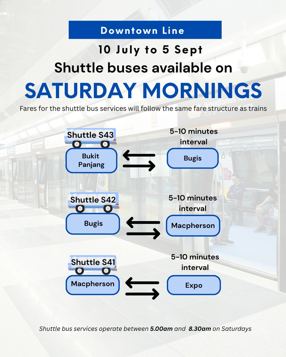 🇸🇬シンガポール｜MRT2路線の週末ダイヤを調整⏰
 
MRTトムソン・イーストコースト線とダウンタウン線について、2026年5月〜9月にかけて週末ダイヤを一時的に調整すると発表しました📣