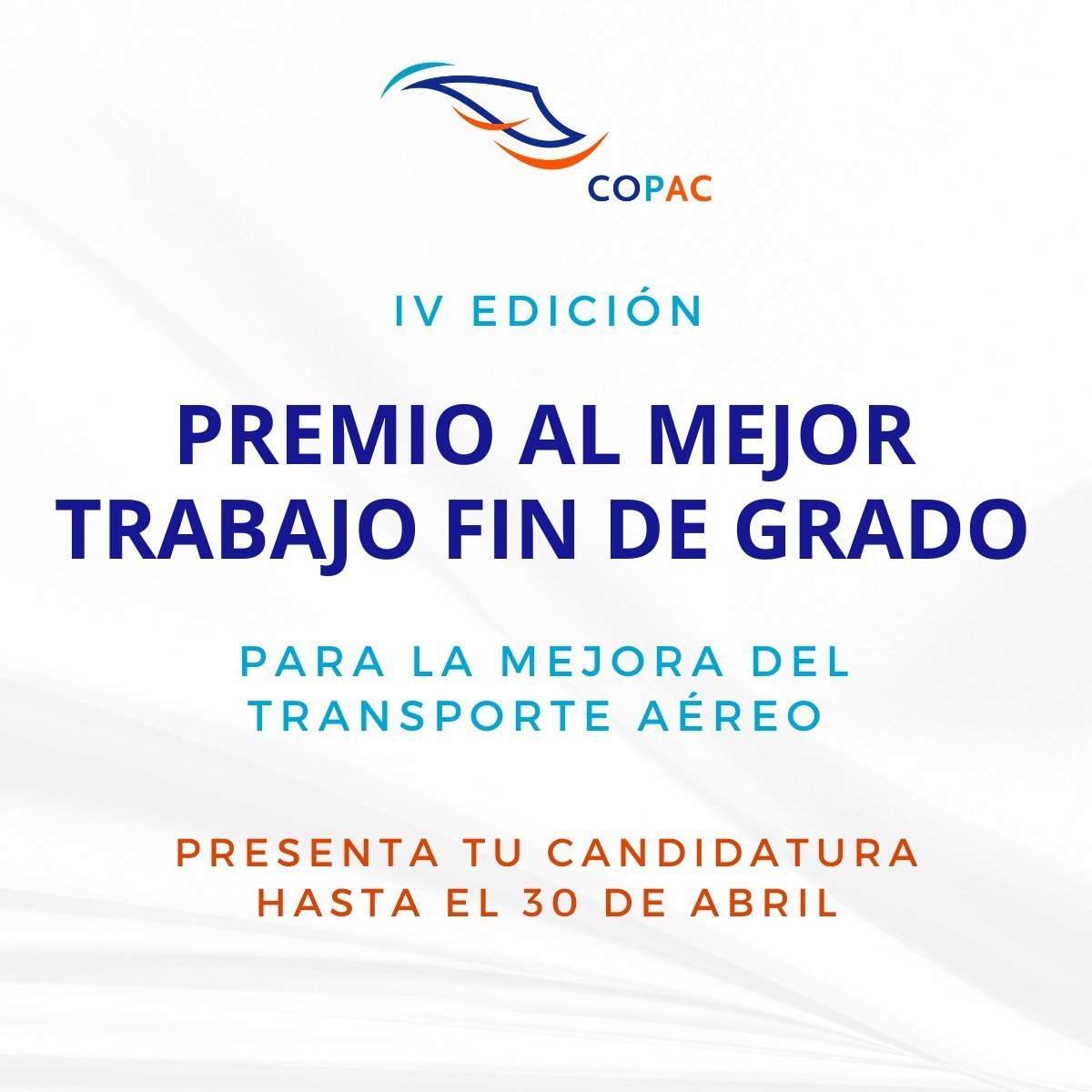 aeroespacialUPM's tweet photo. ⌛️Titulados de #GyOTA, último día para presentar candidaturas al Premio al Mejor #TFG para la mejora del transporte aéreo, convocado por @COPAC_Tw.
➡️Para trabajos defendidos durante el año 2025.
ℹ️Bases https://t.co/mdv20p0ya2
✍️Formulario de inscripción https://t.co/dTFtHQDCVl https://t.co/9GnsuTxJpT