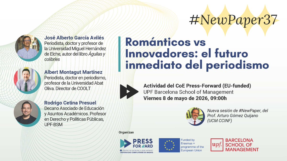 jagaraviles's tweet photo. Si el 8 de mayo estás en Barcelona, te esperamos en #NewPaper que organiza @ArturoGomezQuij 
Un lujo charlar con el gran @albertmontagut, moderados por @RodrigoCetina 
Hablaremos de:
La profesión
La audiencia
Formatos/productos
Modelos de negocio
El futuro de los periodistas https://t.co/b5MsVeUvfD