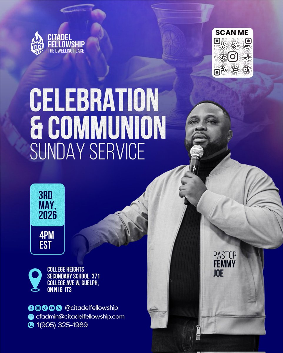 citadelfellow's tweet image. Join us this Sunday, let’s break bread and take the wine as a mark of eating the Lord’s body and drinking His blood.

🗓 Sunday, 3rd May 2026
⏰ 4PM EST
📍 College Heights Secondary School, Guelph

#uofguelph #citadelfellowship #church #churchinvite #guelph