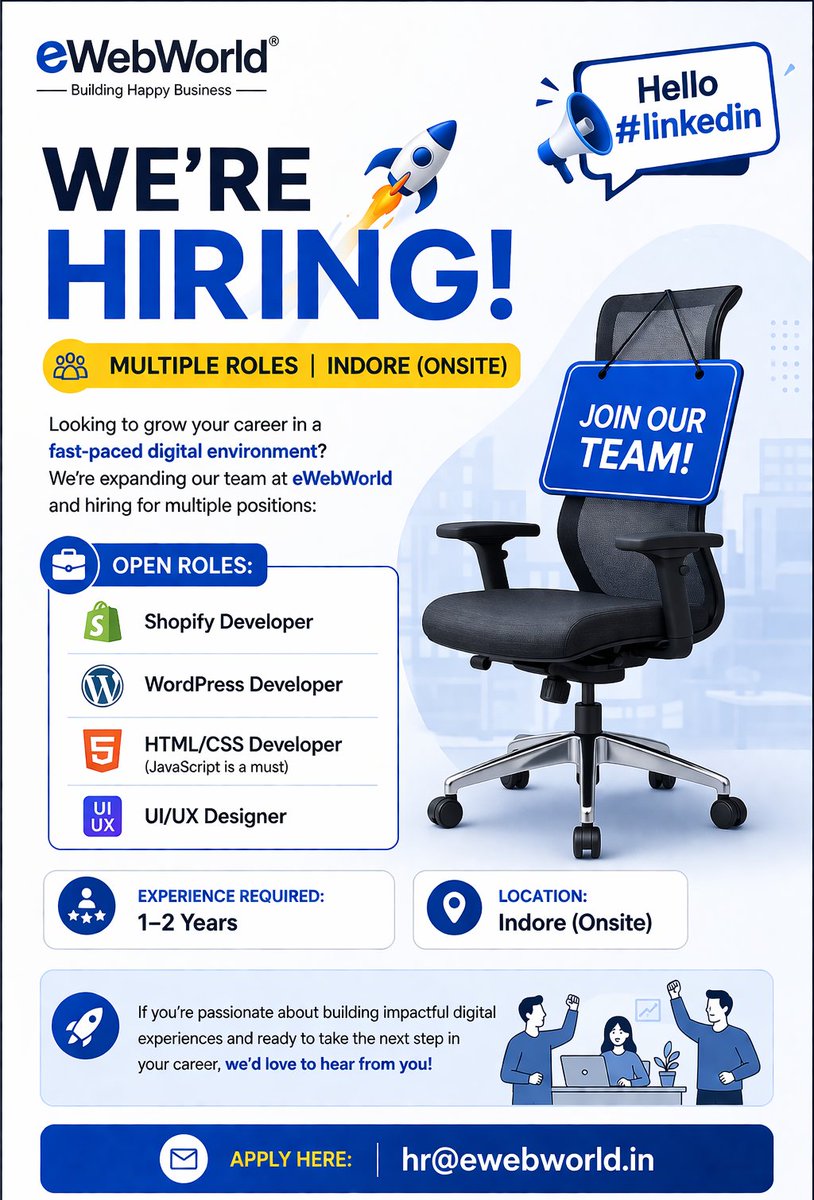 ayushi_HR_'s tweet photo. 🚀We’re Hiring | Indore (Onsite)
Shopify | WordPress | HTML/CSS (JS) | UI/UX
📌 1–2 Years Exp

📩 hr@ewebworld.in

#indore #hiring #developer https://t.co/IS7walInEF