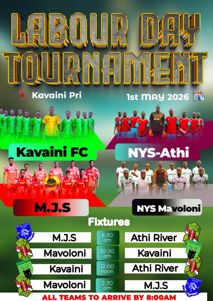 MbaituFM's tweet photo. Labour Day Tournament ⚽️🥅
Ni uni kiwanzani kya sukulu wa musingi wa Kavaini  🥳… Timu ila ikethiwa iithaula ni vamwe na Kavaini FC, NYS-Athi, MJS na NYS Mavoloni…
Itakuwa mwecheche vika teneee😁
#PaidAd
#Mbaitufm https://t.co/MgATyZPKHc