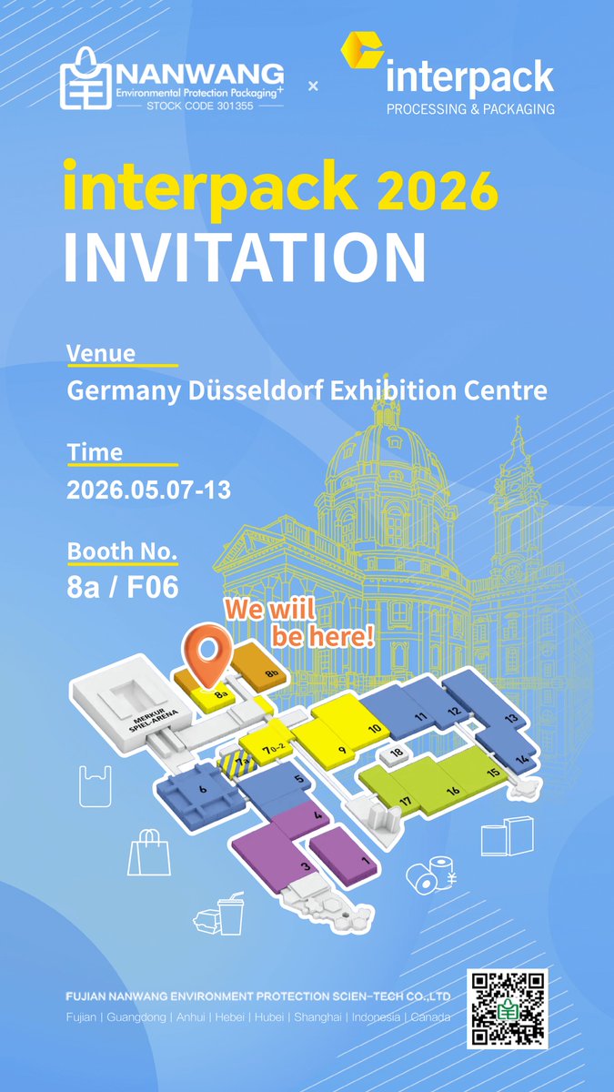 NanwangPack's tweet image. 🌍 Nanwang + Bag King at interpack 2026!

♻️ Paper bags | Non-woven | Labels
📍 Booth 8a/F06, Düsseldorf, May 7–13
🌱 China's 1st listed paper bag co. (301355). Patents, FSC, BRC, Sedex, SGS.

👉DM or meet us there!
#interpack2026 #SustainablePackaging #Nanwang #EcoFriendly