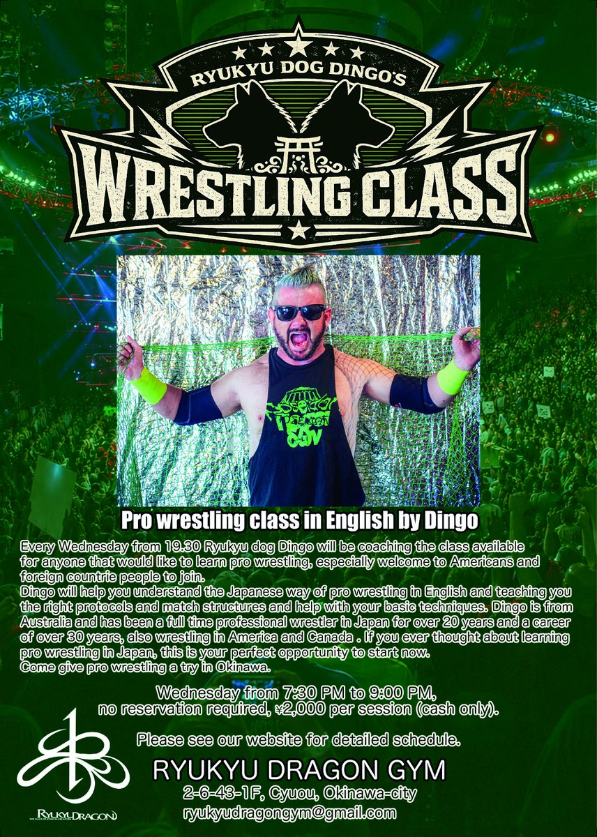 ryukyudragon_pw's tweet image. RYUKYUDRAGONGYMにてディンゴのイングリッシュ・レスリングクラスが開講！
オール英語のクラスです！
詳しくはパンフレット画像をご覧ください！
#rd_pw
#RYUKYUDRAGONGYM
沖縄市中央2-6-43-1F
#okinawa
#prowrestling