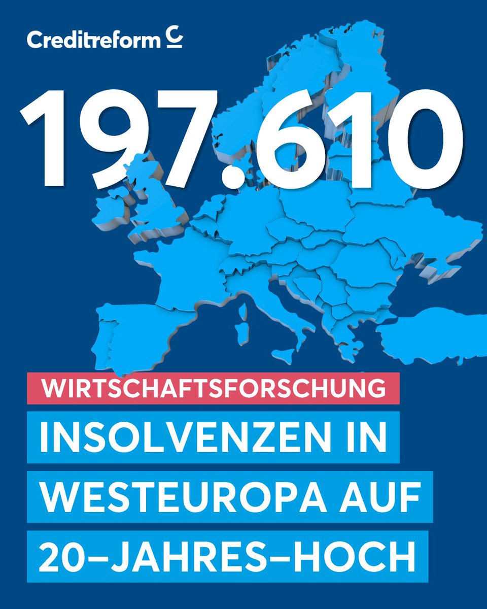 Creditreform's tweet photo. Unternehmensinsolvenzen in Europa erreichen Höchststand

Im Jahr 2025 verzeichnete Westeuropa die höchste Zahl an Unternehmensinsolvenzen seit über 20 Jahren.
Insgesamt sind es 197.610 Fälle.

Die vollständige Analyse mit allen Details finden sie hier: https://t.co/hwiOOc2b4v https://t.co/S3vNNCjMJx