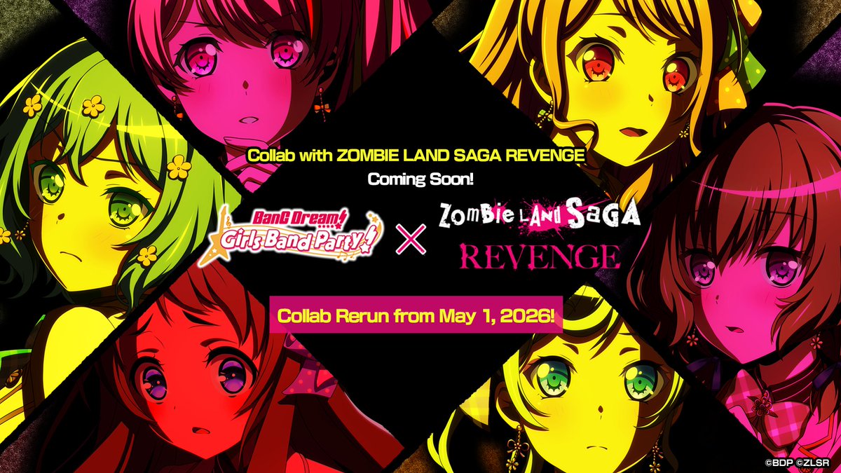 bangdreamgbp_EN's tweet photo. ＼🎊Collab with ZOMBIE LAND SAGA REVENGE is coming soon!🎊／

Collab Limited Members, Exchange &amp; more will be back for a limited time!✨

Special celebration gift of Stars x 3000 is also available from tomorrow!🎉Stay tuned!💕

Download Now: https://t.co/12PWjIPvpI https://t.co/GyASJfwowh