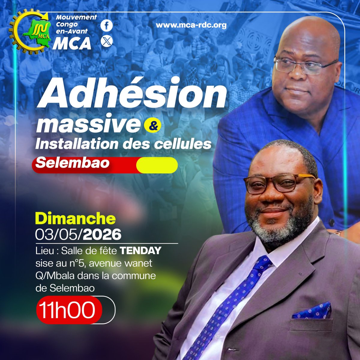 GreakKayembe's tweet image. 🚨 ADHÉSION MASSIVE &amp;amp; INSTALLATION DES CELLULES À SELEMBAO 

Le Mouvement Congo en Avant (#MCA) vous donne rendez-vous pour un moment historique de mobilisation et de structuration !

Venez nombreux participer à cette grande activité marquant une nouvelle étape dans