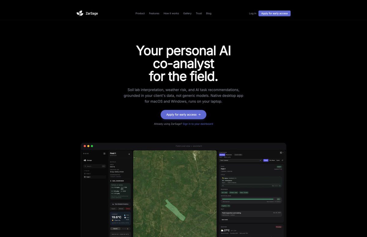 Musbell008's tweet photo. ZarSage AI private beta is now open for macOS and Windows.

Looking for early users who work with soil reports, field plans, and crop decisions.

Join here: https://t.co/j4vYsImSeu https://t.co/OwKnrBiesO