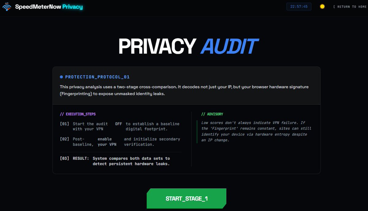 speedmeternow's tweet photo. VPN is just a curtain, not a brick wall. 🧱🕵️‍♂️

​You think you're invisible, but your browser is leaking your GPU model, screen refresh rate, and even your battery status. That's your Digital Fingerprint.

​🧪 We are in BETA. Test our new forensic audit tool to see what you're actually leaking.

​Audit your node here:

👉 https://t.co/NOSNz9WRS2

​#CyberSecurity #PrivacyAudit #VPN #OnlinePrivacy #DataLeak #SpeedMeterNow #BuildInPublic