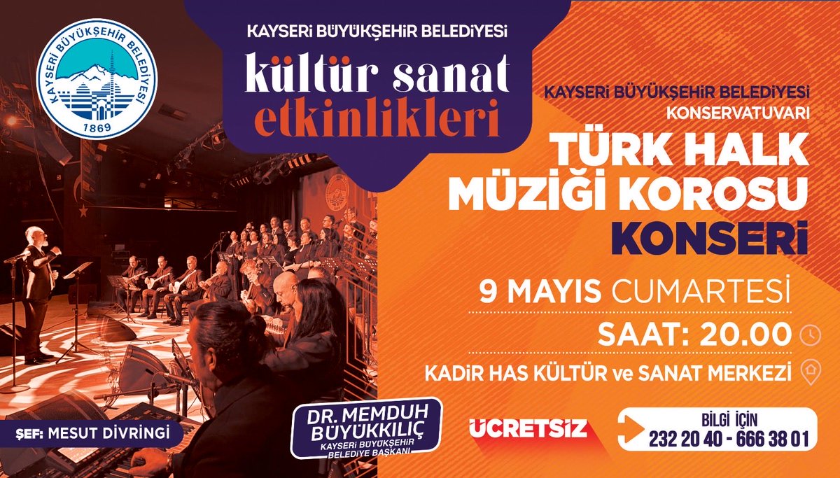 kultursanatkbb's tweet photo. Kayseri Büyükşehir Belediyesi Konservatuvarı Türk Halk Müziği Korosu Şef Mesut Divringi yönetiminde Anadolu’nun birbirinden değerli türküleri ile sizlerle olacak . 🎤🎻
📅 9 Mayıs Cumartesi
🕗 Saat: 20.00
📍 Kadir Has Kültür ve Sanat Merkezi
🎟️ Ücretsiz https://t.co/AOU3AF0tPz