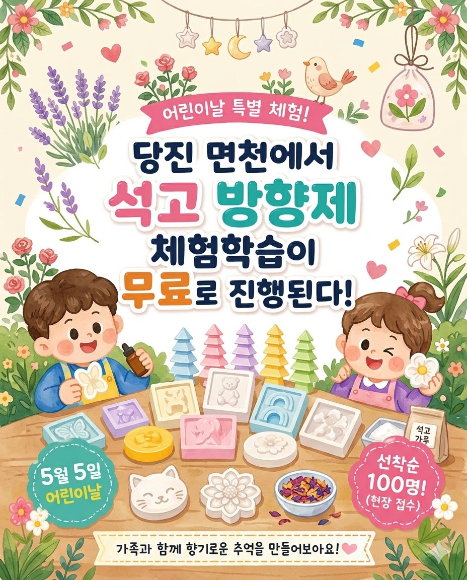 kfm.co.kr/Board/Detail.h…
▲ 기사 바로가기

#어린이날 어디 갈지 고민이라면?

#당진 #면천 에서 ‘석고 방향제 체험학습’이 무료로 진행됩니다.
선착순 100명, 조기 마감 예상!

가족과 함께 향기로운 추억을 만들어보시기 바랍니다.

 #체험학습 #가족나들이 #무료체험 #충남여행 #AI경기방송