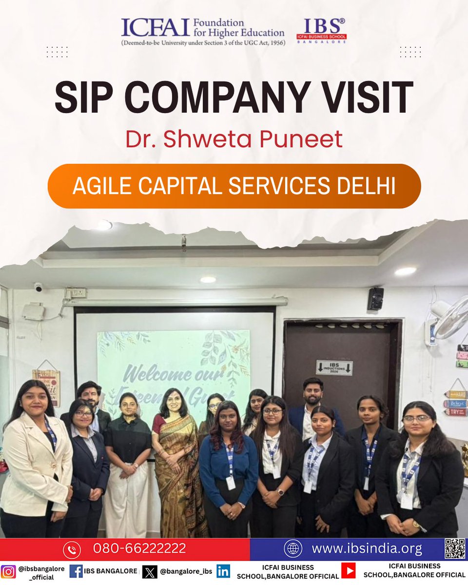 bangalore_ibs's tweet image. Dr. Shweta Puneet visited Agile Capital Services, Delhi, interacting with students on their roles, learning &amp;amp; exposure to financial planning &amp;amp; investment advisory. The visit connected academic learning with real-world industry experience. 🌟

#SIP #IBSbangalore #MBA #Internship