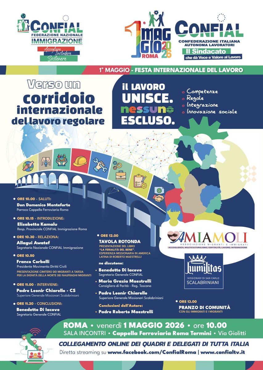 PressScalabrini's tweet image. P. Leonir Chiarello, Superiore Generale, interviene al 1° Maggio a #RomaTermini: lavoro, dignità, migrazioni, diritti. Al centro la proposta di un corridoio internazionale del lavoro regolare.
📍 Roma Termini | 🕙 ore 10
#PrimoMaggio #Lavoro #Migrazioni #Diritti  #Scalabrini