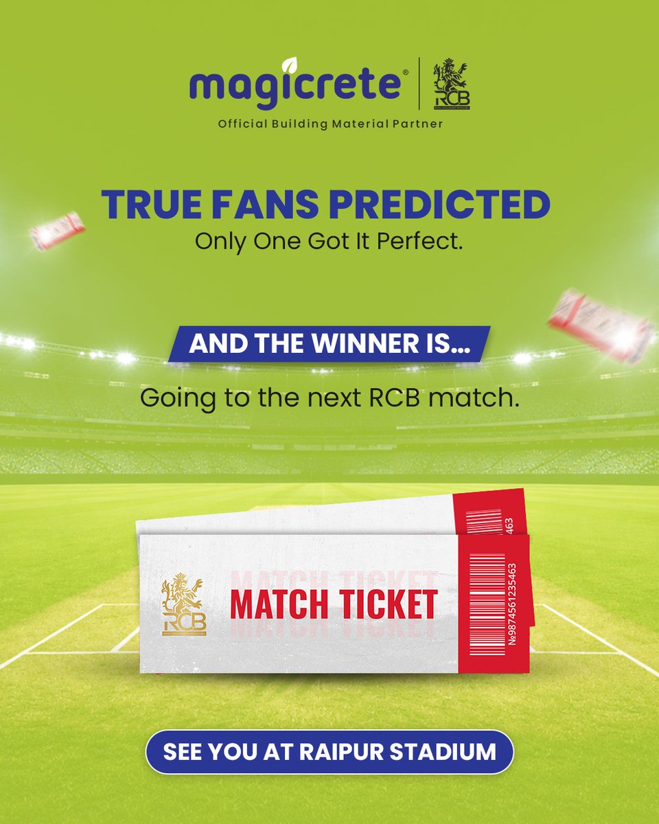 magicrete's tweet photo. AND THE WINNER IS… @kashishrajkalyani

True Fans Predicted, Only One Got It Perfect.
Kashish, your tickets to the RCB match at Raipur are on their way!

#RCB #MagicretexRCB #ContestWinner #AACBlocks #TileAdhesive https://t.co/Jv2JZc3ILX