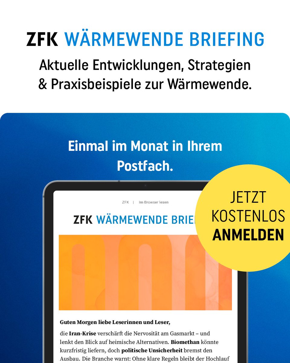 ZfK_de's tweet image. Die #Wärmewende ist eine zentrale Aufgabe für Stadtwerke und Kommunen. Das #ZFKWärmewendeBriefing liefert regelmäßige Analysen, politische Updates und Praxisbeispiele – ergänzt durch Expert:innenmeinungen.

👉 Hier gehts zur Anmeldung:
 eu1.hubs.ly/H0tCYRB0

#ZFKBriefings
