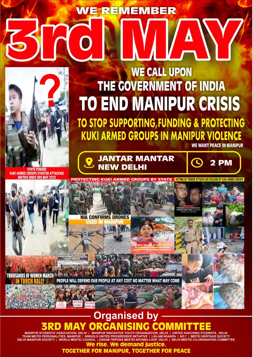 Dear Folks in Delhi NCR

On May 3, 2023 the Indigenous Meiteis came under a pre planned attack by armed Chin Kuki Militants that set off the ongoing 3 year long Manipur crisis. 

Even today, thousands continue to languish in Relief Camps, like refugees in their own  homeland.
