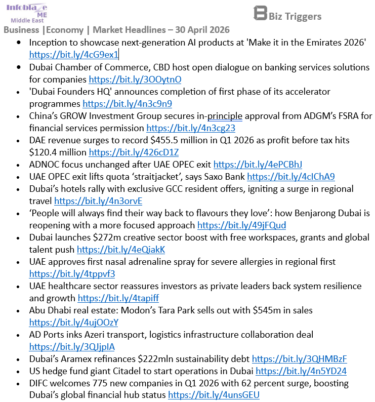 LetTalkAbuDhabi's tweet image. #UAE Business &amp;amp; Economy Headlines
30 April 2026

#MiddleEast Full Report:  infoblaze.com/news/details/1…
