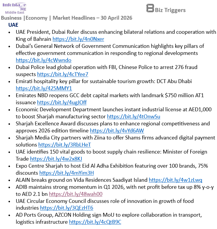 LetTalkAbuDhabi's tweet image. #UAE Business &amp;amp; Economy Headlines
30 April 2026

#MiddleEast Full Report:  infoblaze.com/news/details/1…