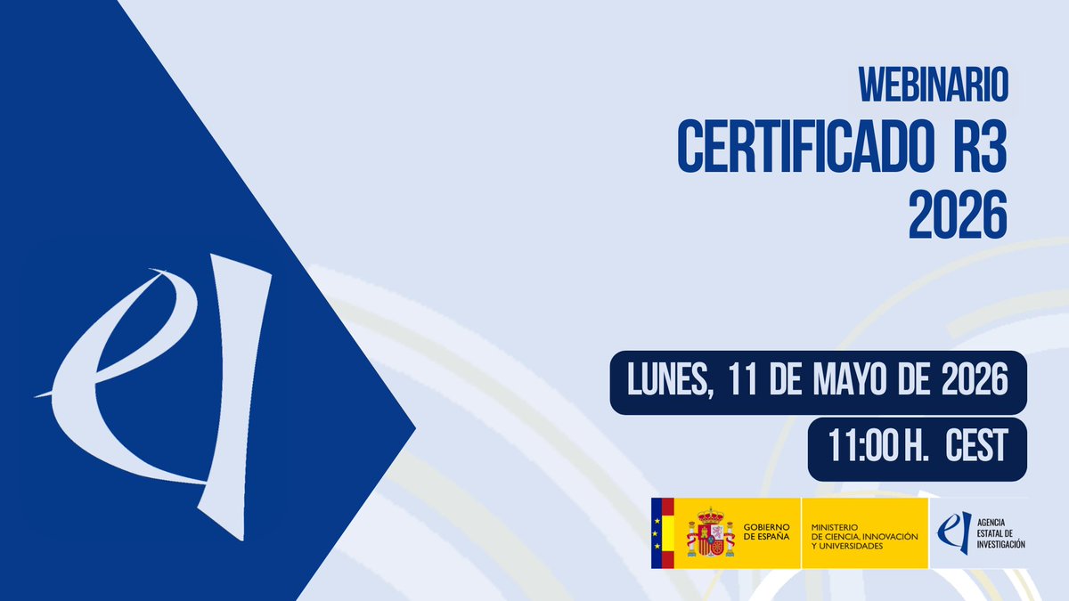 AgEInves's tweet photo. 📌 ¡No te pierdas los próximos #webinariosAEI! 
🌟Certificado R3 2026 : 11 mayo | 11:00 h 
🌟Centros de Excelencia "Severo Ochoa" y Unidades "María de Maeztu" 2026:  19 mayo | 12:00 h
🌟Redes de investigación 2026 :  8 junio | 11:00 h 

🔗 https://t.co/22iSf294Bv

#CR3 #CEX #RED https://t.co/cxU8r1Zkg8