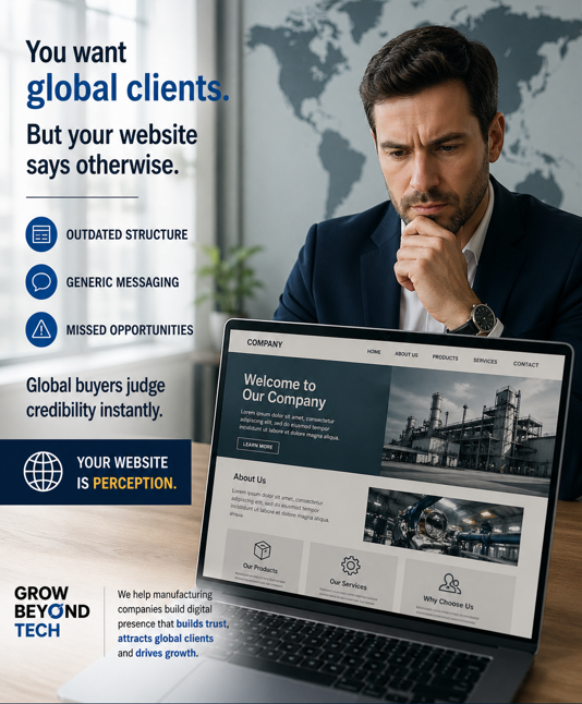 GrowBeyondTech's tweet photo. Many manufacturing companies want global clients.
But their website says otherwise.
At GrowBeyond Tech, we’ve seen how quickly buyers judge credibility.
Your website isn’t a formality. It’s your first impression.
Is it helping or hurting your growth?

#growbeyondtech #webdesign https://t.co/dfatDXRM9S