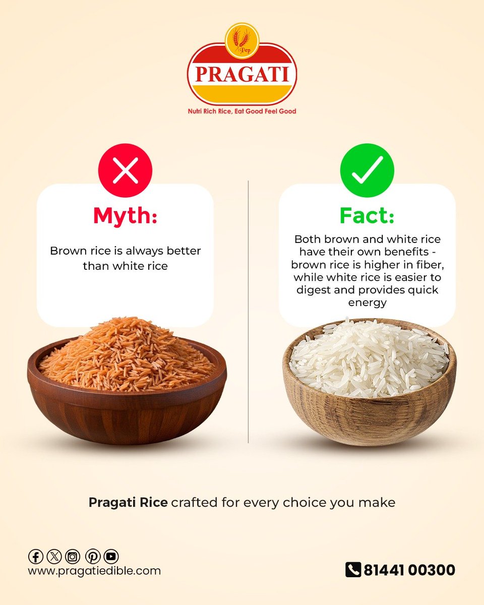 PragatiEdibles's tweet image. Is brown rice really always the healthier choice? 🤔

Both have their own benefits—here’s why.
✔ Brown rice = more fiber
✔ White rice = easier digestion + quick energy

WhatsApp at 𝟖𝟏𝟒𝟒𝟏𝟎𝟎𝟑𝟎𝟎 or click bit.ly/4417Pe

#Pragati #Rice #NutriRichRice #RiceFacts