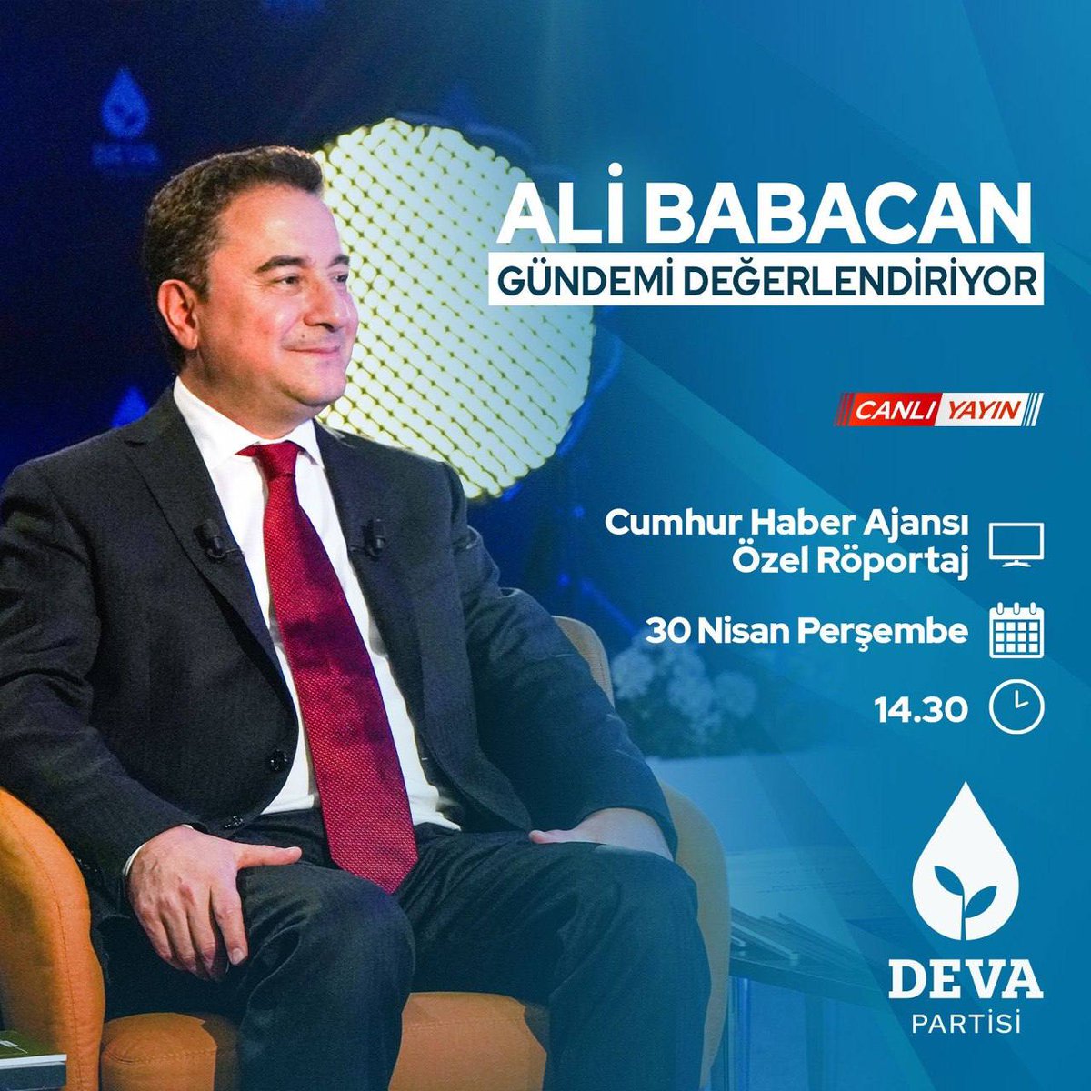 devapartisi's tweet image. Genel Başkanımız Ali Babacan, bugün saat 14.30’da Cumhur Haber Ajansı YouTube kanalında Serdar Nalcı ve Hüseyin Bekar ile Özel Röportaj programında gündemi değerlendirecek.

@cumhacomtr @hbekarmedya