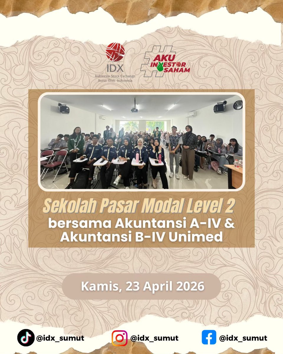 idx_sumut's tweet image. Ahhooii Sobat IDX!! 🙌🏻 SPM Level 2 UNIMED – SPC 2026 bantu kamu naik level investasi: analisis, strategi portofolio, &amp;amp; pahami risiko 📊 Yuk jadi investor cerdas! 🚀 #IDX #SPC20