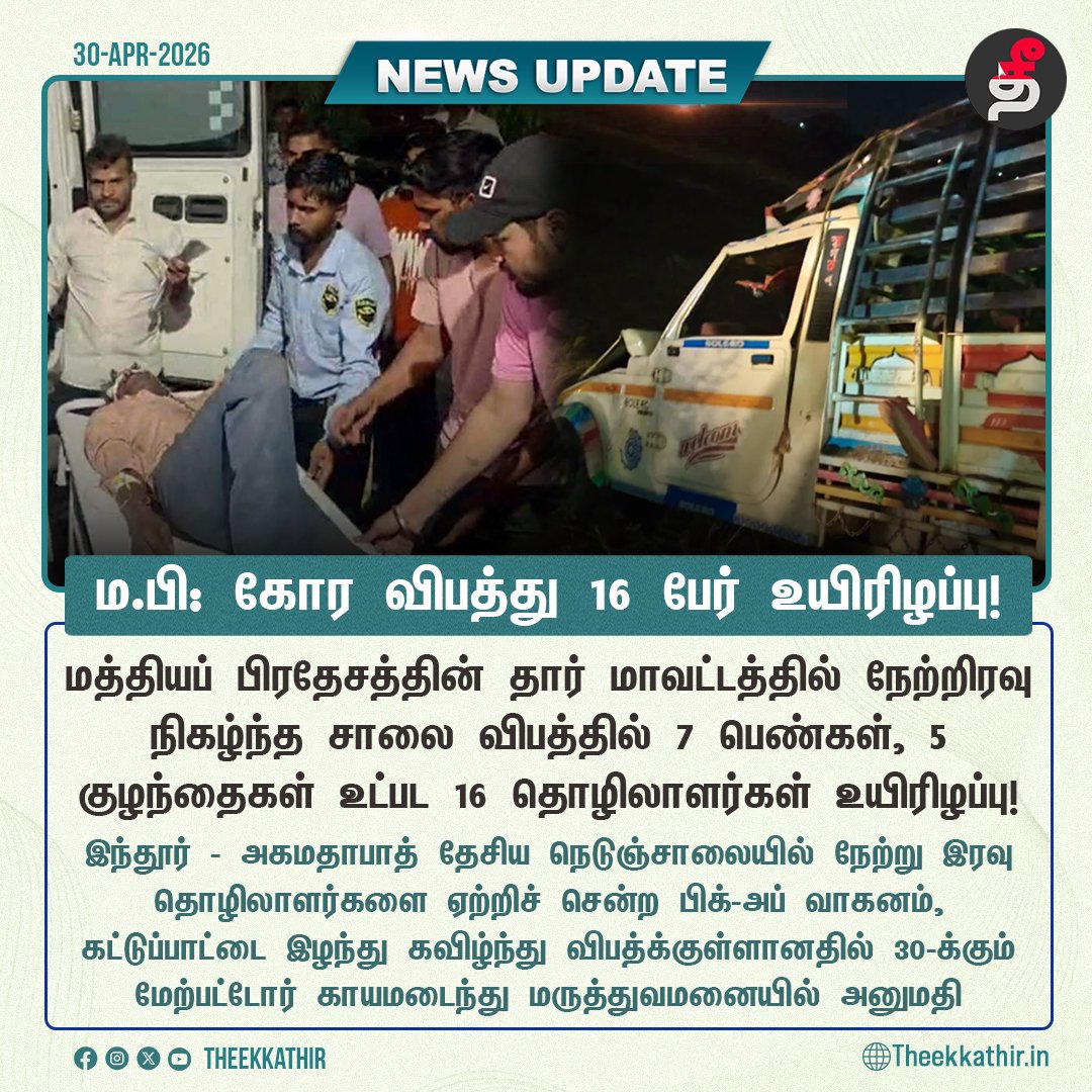 Theekkathir's tweet image. மத்தியப் பிரதேசம்: கோர விபத்தில் 5 குழந்தைகள் உட்பட 16 தொழிலாளர்கள் உயிரிழப்பு!

#Theekkathir | #MadhyaPradesh | #Accident