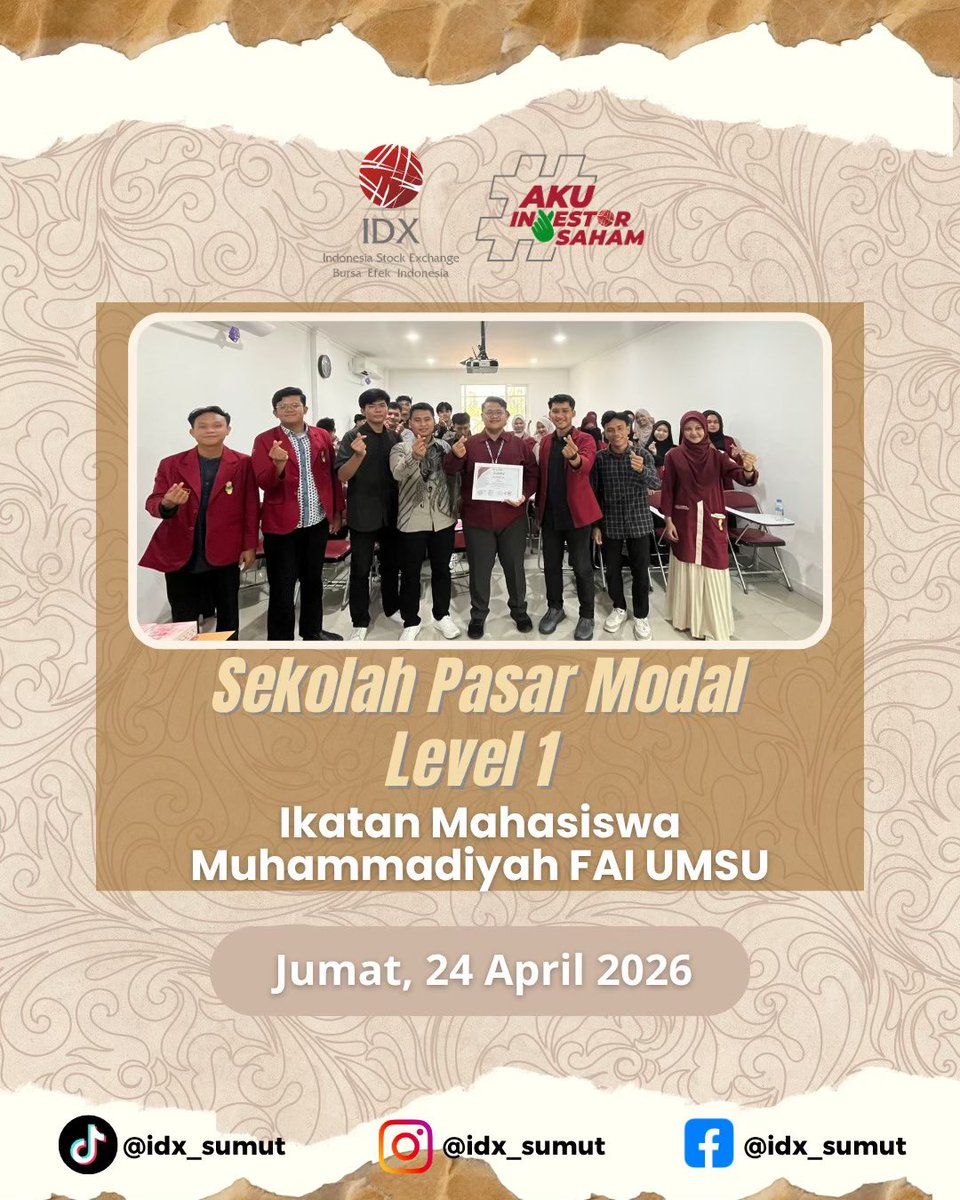 idx_sumut's tweet image. Ahhooii Sobat IDX!! 🙌🏻 SPM Level 1 bersama IMM FAI UMSU – SPC 2026 bantu kamu mulai investasi dari nol 📊 Kenali pasar modal, instrumen &amp;amp; cara aman berinvestasi 💡 Yuk jadi investor muda! 🚀 #IDX #SPC2026
