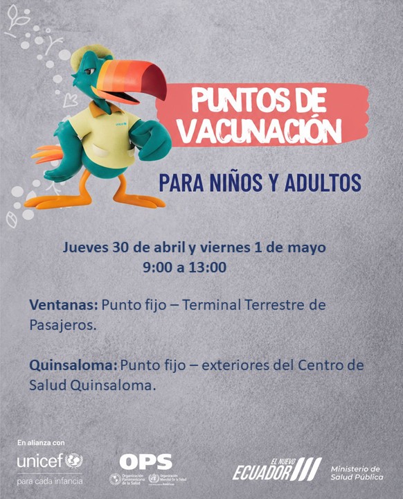 DPS_LosRios's tweet image. #ElNuevoEcuador | En este feriado proteja a su familia, participe en la jornada de vacunación que realizaremos en toda la provincia de #LosRíos

Aquí los puntos fijos en #Ventanas y #Quinsaloma