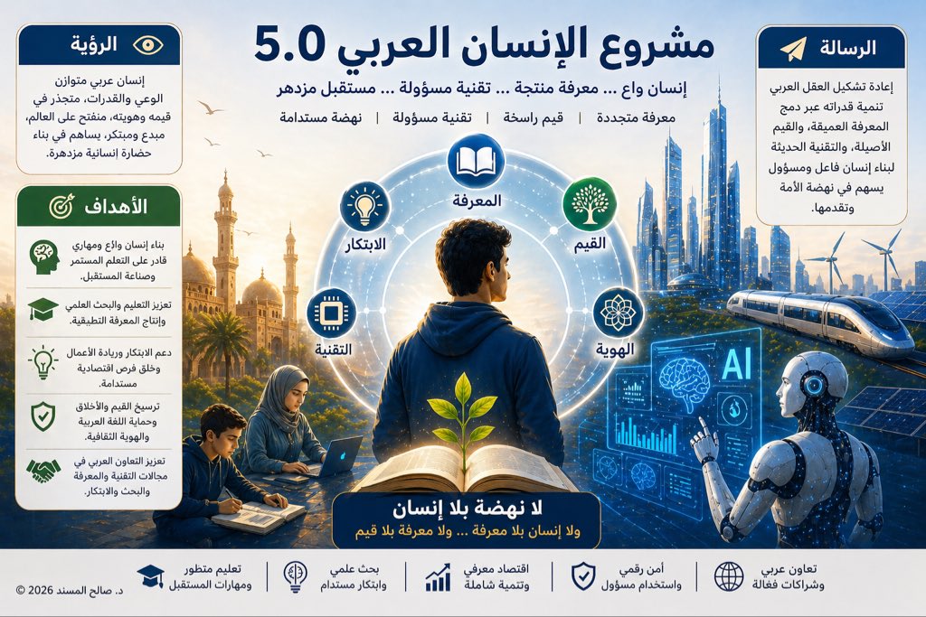 SalehAlmusned's tweet photo. مشروع الإنسان العربي 5.0: نحو رؤية عربية جامعة مقترحة في عصر الذكاء الاصطناعي

يشهد العالم تحولًا غير مسبوق تقوده تقنيات الذكاء الاصطناعي، لا في مجال التقنية وحده، بل في التعليم، والاقتصاد، والإعلام، والإدارة، وسوق العمل، وصناعة القرار.

وفي ظل هذا التحول، تبرز الحاجة إلى مشروع فكري وتنموي عربي جامع يضع الإنسان في قلب المستقبل، ويجعل التقنية وسيلة للبناء لا غاية مستقلة عن القيم والهوية والتنمية.

إن مشروع الإنسان العربي 5.0 لا يأتي بديلًا عن الخطط الوطنية ولا منافسًا لها، بل بوصفه إطارًا معرفيًا داعمًا لها، يعزز توجهات الدول العربية في التحول الرقمي، وتمكين الشباب، وتنمية المهارات، وبناء اقتصاد المعرفة.

يقوم هذا المشروع على فكرة بسيطة وعميقة: لا نهضة بلا إنسان، ولا إنسان بلا معرفة، ولا معرفة بلا قيم.

ومن هنا، فإن المطلوب اليوم أن ننتقل من مجرد استخدام أدوات الذكاء الاصطناعي إلى بناء وعي عربي قادر على فهمها، وتوجيهها، وتوظيفها في خدمة التعليم، والصحة، والثقافة، والإدارة، والإنتاج، وجودة الحياة.

نحتاج إلى إنسان عربي: يفكر نقديًا، يتعلم باستمرار، يعتز بهويته، ينفتح على العالم، يمتلك مهارات العصر، ويشارك في إنتاج المعرفة لا في استهلاكها فقط.

كما نحتاج إلى تعاون عربي أوسع في بناء المحتوى الرقمي، وتعزيز حضور اللغة العربية في تقنيات الذكاء الاصطناعي، وترسيخ الاستخدام الأخلاقي والمسؤول للبيانات، وحماية كرامة الإنسان وخصوصية المجتمع.

إن المستقبل لا يُصنع بالتقنية وحدها، بل بالرؤية التي توجه التقنية، وبالإنسان الذي يحسن استخدامها.

لذلك، فإن مشروع الإنسان العربي 5.0 هو دعوة هادئة وجادة إلى بناء جيل عربي جديد:
جيلٍ يعرف تاريخه، ويفهم عصره، ويملك أدوات مستقبله.

فالذكاء الاصطناعي يفتح أبوابًا واسعة، لكن السؤال الأهم هو:

بأي إنسان ندخل هذا العصر؟ وبأي معرفة؟ وبأي قيم؟

————
#مشروع_الإنسان_العربي_5
#الذكاء_الاصطناعي #التحول_الرقمي #اقتصاد_المعرفة #مستقبل_العالم_العربي