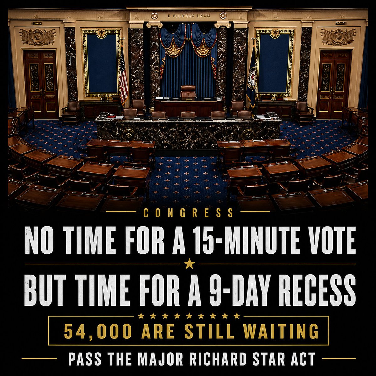 DavidWarrenVet's tweet image. The Senate has “no time” for a 15-minute vote on the #MajorRichardStarAct.

But there’s time for a 9-day recess.

79 Senators are ready.

54,000 combat-injured #veterans are still waiting.