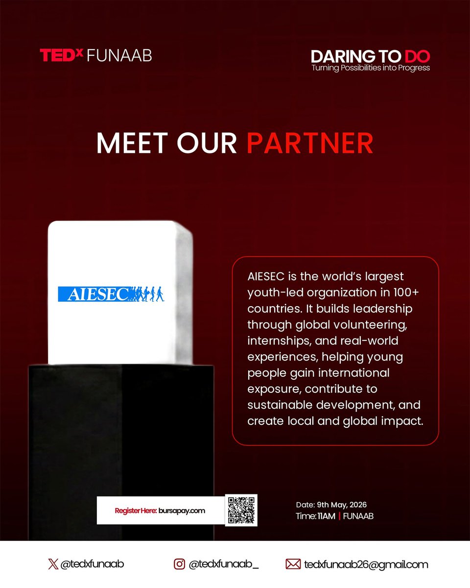 tedxfunab's tweet photo. Partner Spotlight 🤝
Proud to partner with AIESEC, building leaders and driving impact globally. ✨
#TEDxFUNAAB 
#AIESEC 
#DARETODO https://t.co/tCcyTZeAZt
