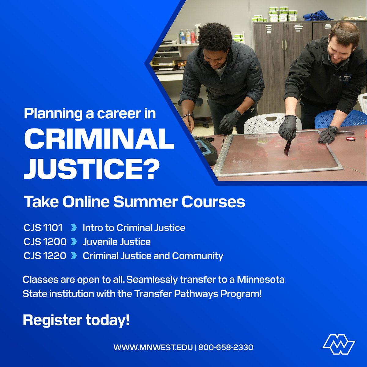 MinnesotaWest's tweet image. Thinking about a career in Criminal Justice? 
Get a head start this summer with online Criminal Justice courses at Minnesota West!
Summer registration is currently open! View courses &amp;gt; buff.ly/FIEwAv0 
#Registration #MinnesotaWest