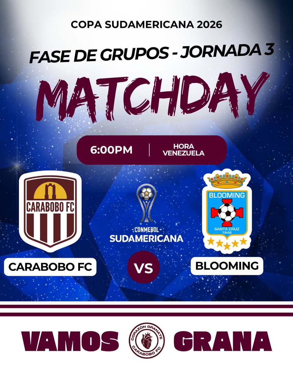 𝙃𝙊𝙔 𝙅𝙐𝙀𝙂𝘼 𝙀𝙇 𝙂𝙍𝘼𝙉𝘼🫀🇱🇻

🆚 <a href="/BloomingOficial/">Club Blooming</a>
⏰ 6:00A.M. (Hora Venezuela)
🏟️ Misael Delgado
🏆 <a href="/Sudamericana/">CONMEBOL Sudamericana</a> | Jornada 3

#CorazonGranate
#VamosGrana
#CaraboboGranate
#Sudamericana