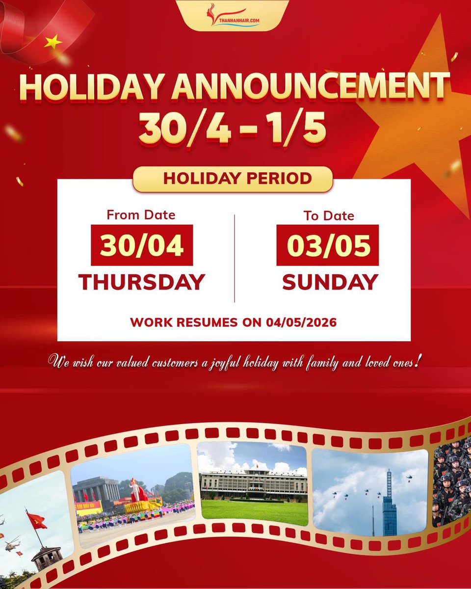 sarahthanhan's tweet image. We take our holiday from 30 April to 3 May 
We return work on 4 May 
Thank you for co-operate with us - Thanh An Hair and expect us to develop together 
#rawhair #sarahthanhanhair #hairsalon #hairstyles #hairstylist