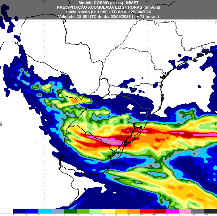 mario_bidegain's tweet image. #Lluvia acumulada (mm), prevista por Cosmo7, de VIE01may (12Z) a SAB02mar (12Z), sobre Sur #Brasil, #Uruguay y Este #Argentina. Los montos más importantes sobre Sur Rio Grande Sul y Este Uruguay 50-90 mm. Norte Uruguay 30-50, Corrientes (ARG) 20-40 mm.