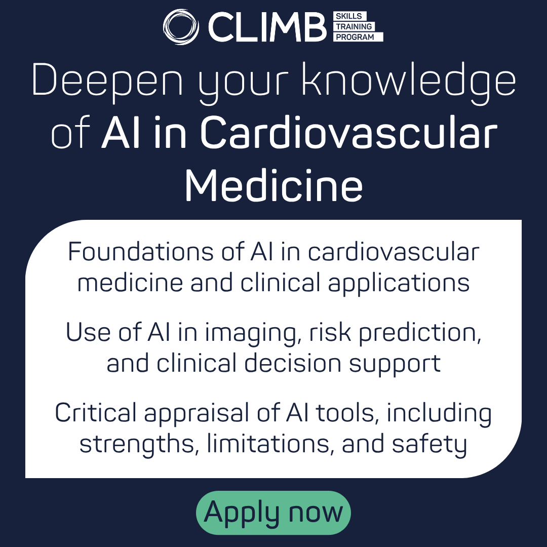 WomenAs1's tweet photo. AI is transforming cardiovascular care, from earlier diagnosis to improved risk prediction and personalized treatment.

The CLIMB 2026 AI track builds practical understanding of how AI works, its limits, and real-world clinical use.

Apply: https://t.co/TAotsUtVSJ

#CLIMB2026 https://t.co/fy7lqNw6uj