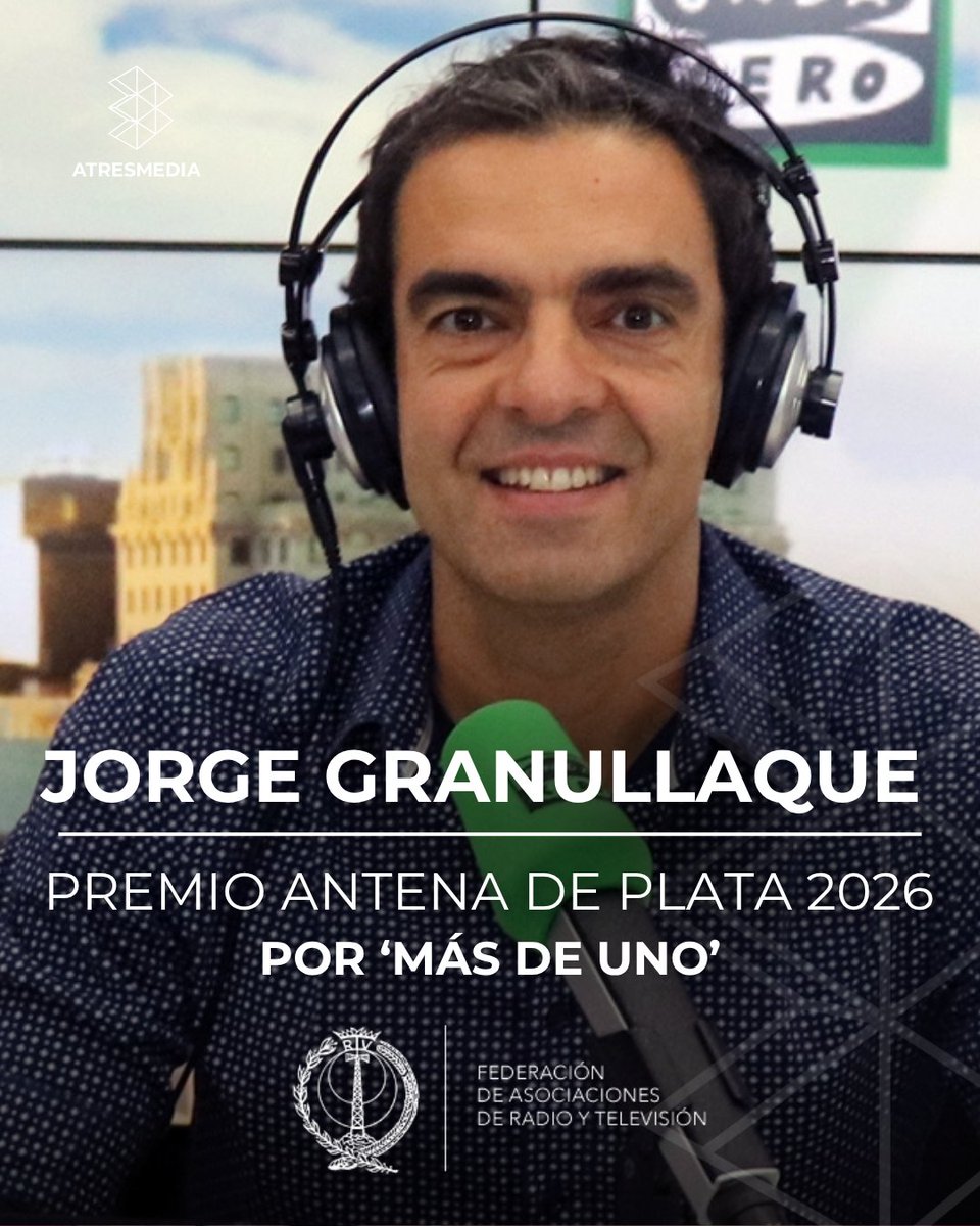 atresmediacom's tweet photo. 🙌Tres grandes profesionales de Atresmedia han sido  reconocidos con la Antena de Plata 2026

🏆 @DaniMateoAgain, por su trabajo al frente de @zapeandola6
🏆 @peparomeroanton, por @YAhoraSonsoles
🏆 Jorge Granullaque, por @MasDeUno

¡ENHORABUENA, compañeros! https://t.co/RXCE7lo1KD
