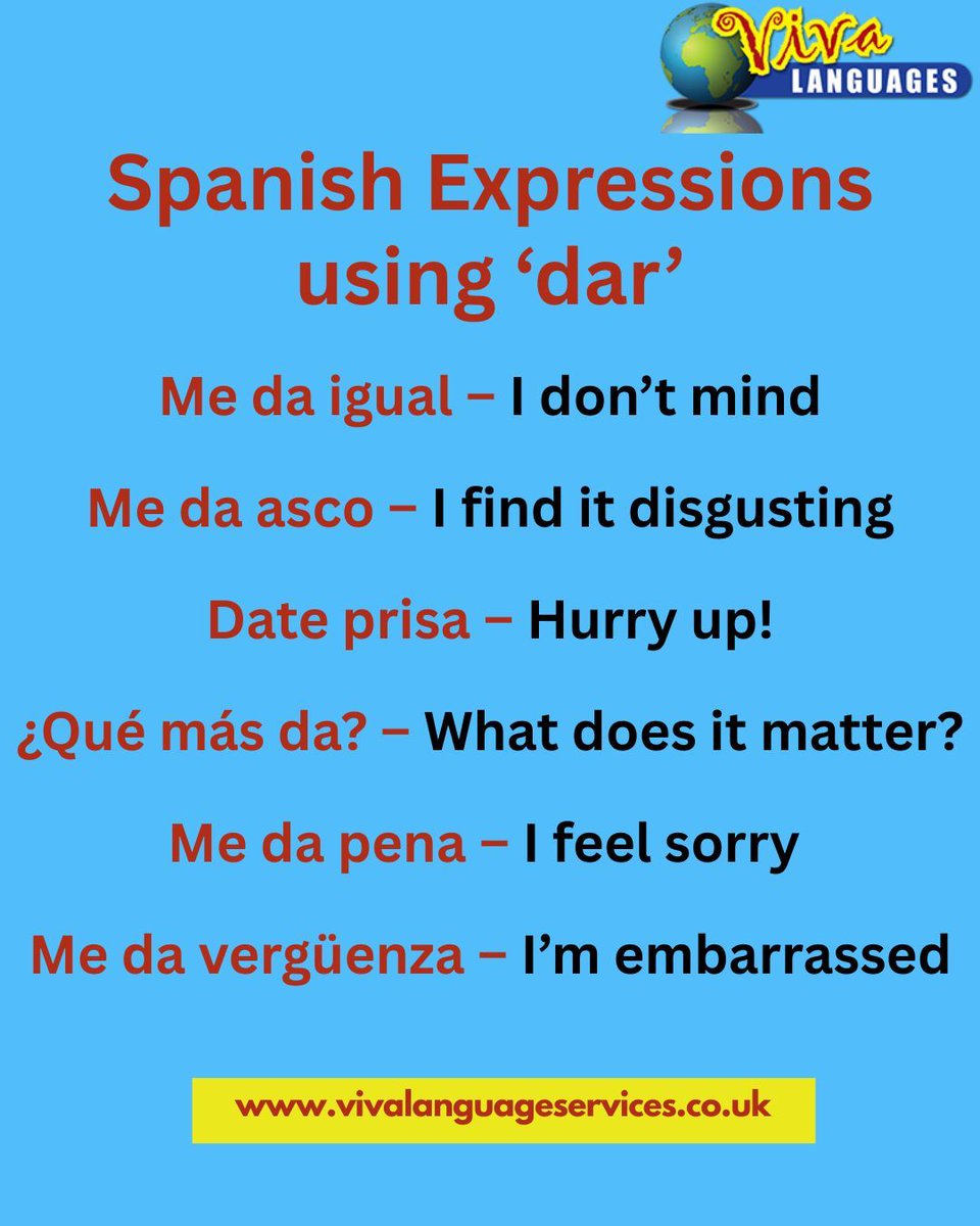 VivaLanguages's tweet photo. Sound like a native Spanish speaker by learning these everyday expressions using the verb 'dar' #spanish #spanishlessons #spanishlanguage #spanishexpressions https://t.co/qrX9dKDON0
