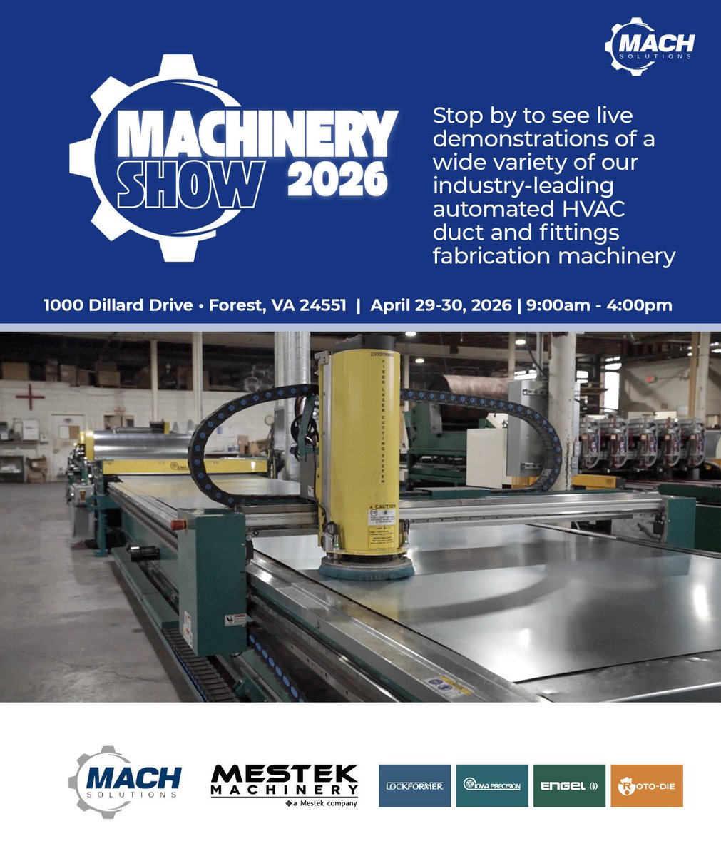 MestekMachinery's tweet image. Last day! Mestek Machinery is at the MACH Solutions 2026 Machinery Show from 9AM to 4PM. Do not miss your chance to see 11 machines running live and talk with our team. Come find us before the doors close!
hubs.la/Q047bhFL0
#HVAC #SheetMetal #HVACFabrication