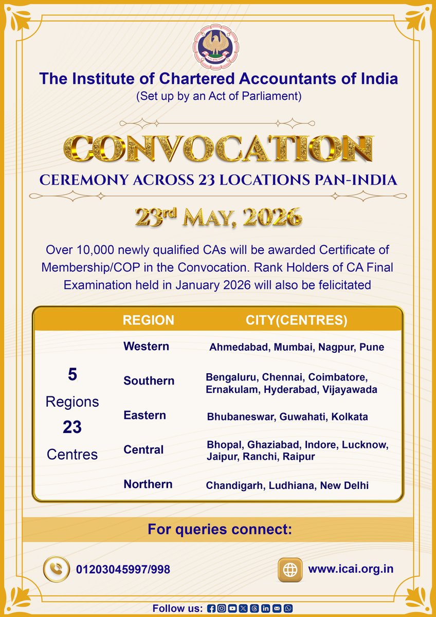 prcoficai's tweet photo. 📢 Important Announcement

The next ICAI Convocation will be held on 23rd May 2026 for Members enrolled between December 2025 to April 2026.
A proud milestone awaits our newly enrolled members!

#ICAI #Convocation2026 #CharteredAccountants #CAStudents #CACommunity https://t.co/16pnx1dCM4