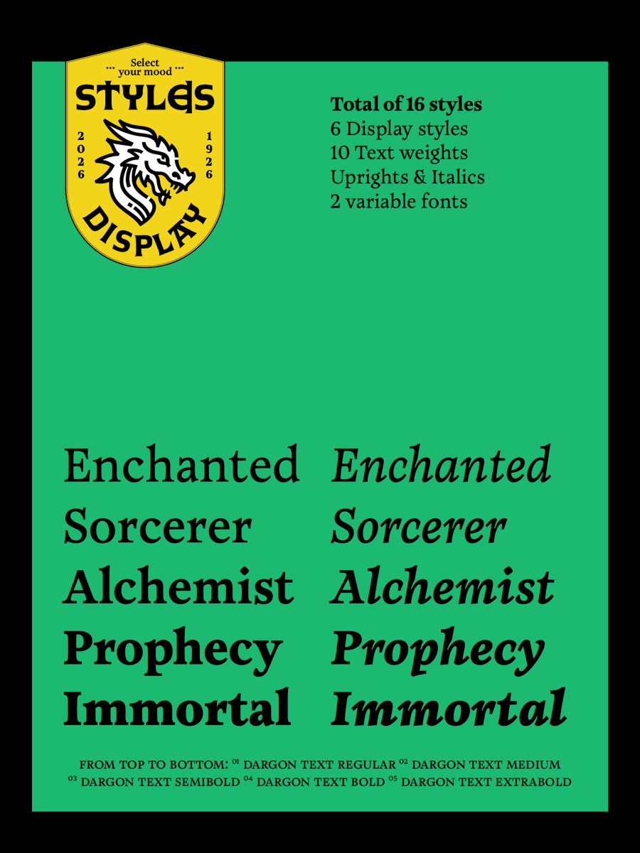 TypeTogether's tweet image. Introducing Dargon /// Carved by light, this epic type family by Anne-Dauphine Borione is perfect for fantasy themes with its future medieval aesthetics, 6 display uncials, and five text weights with italics.

More: type-together.com/dargon-font

#Typography #Fonts #GraphicDesign #RPG